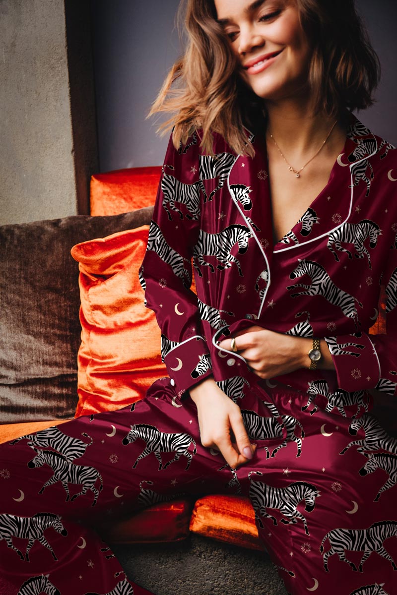 Averie Sleep Isabis Berry Red Zebra Classic Japanese Satin Pajama Set